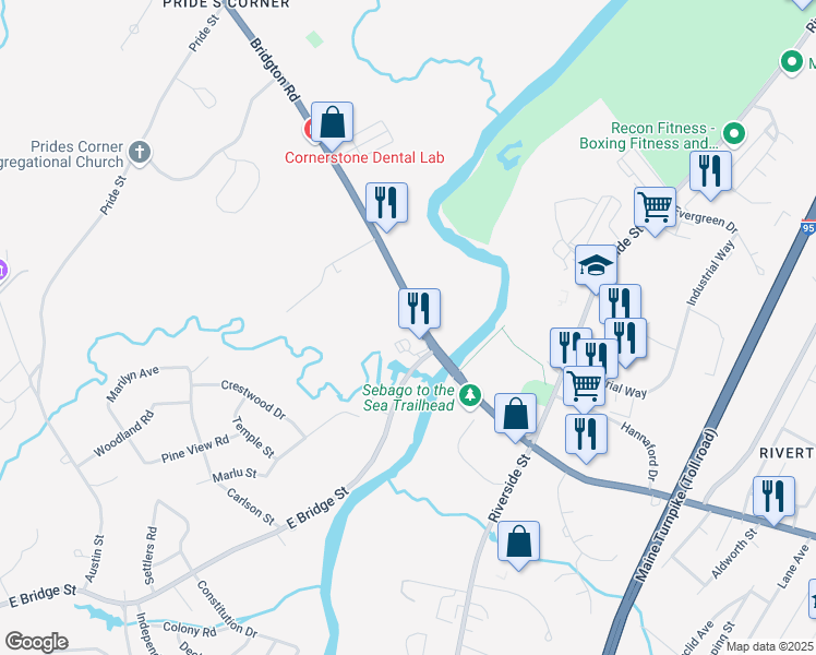 map of restaurants, bars, coffee shops, grocery stores, and more near 24 Bridgton Road in Westbrook