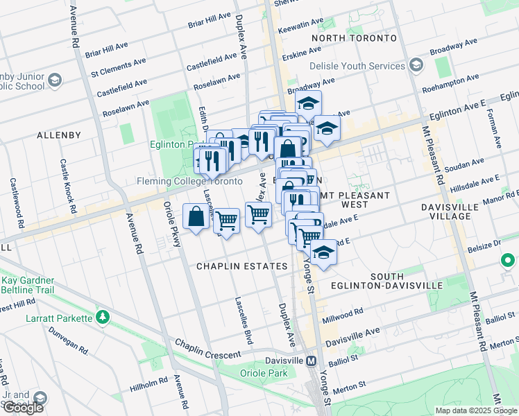 map of restaurants, bars, coffee shops, grocery stores, and more near in Toronto