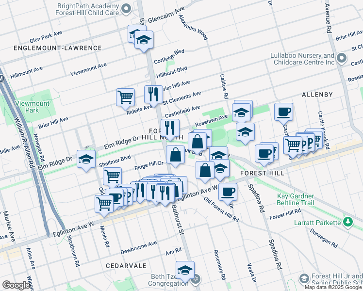 map of restaurants, bars, coffee shops, grocery stores, and more near in Toronto