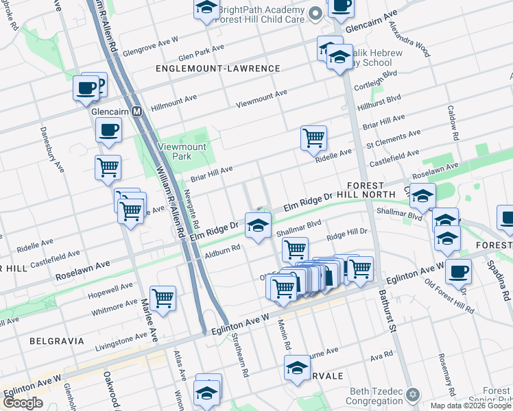 map of restaurants, bars, coffee shops, grocery stores, and more near 5 Overdale Road in Toronto