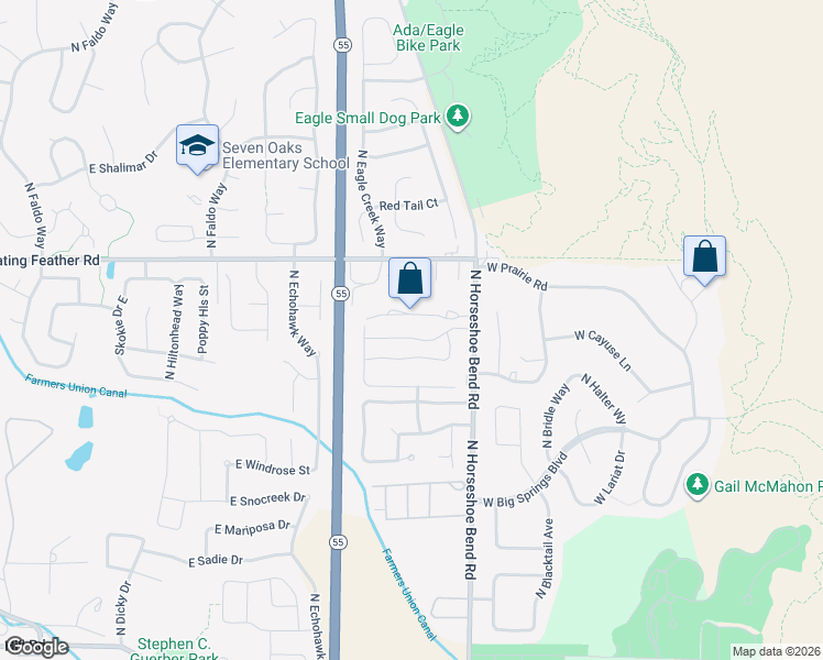 map of restaurants, bars, coffee shops, grocery stores, and more near 3024 East Shadowcrest Drive in Eagle
