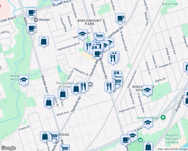 map of restaurants, bars, coffee shops, grocery stores, and more near 373a Danforth Road in Toronto