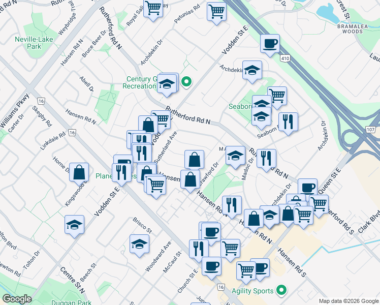 map of restaurants, bars, coffee shops, grocery stores, and more near 44 Reigate Avenue in Brampton