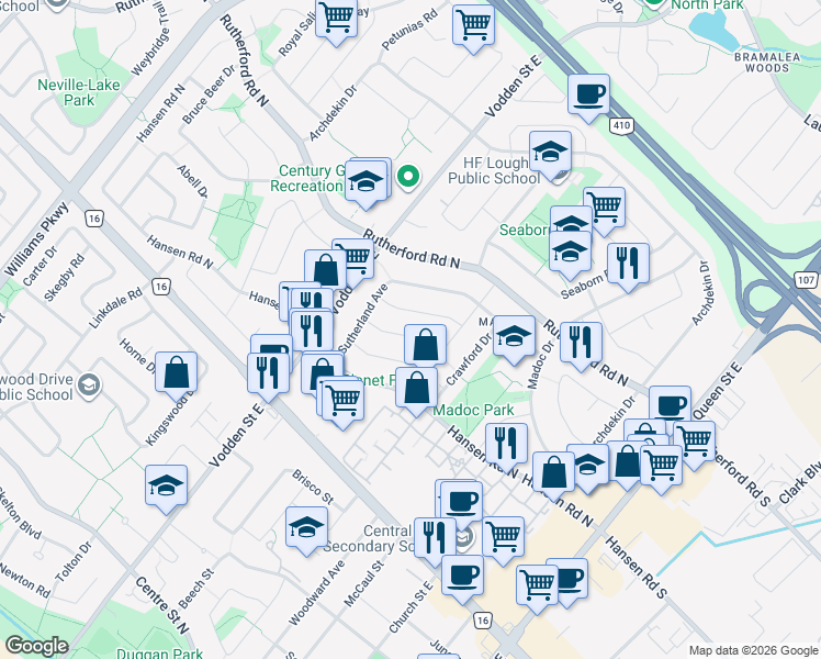 map of restaurants, bars, coffee shops, grocery stores, and more near 46 Reigate Avenue in Brampton
