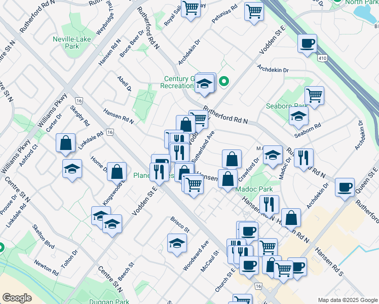 map of restaurants, bars, coffee shops, grocery stores, and more near 251 Vodden Street East in Brampton