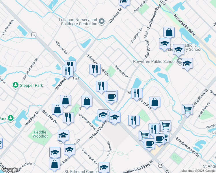 map of restaurants, bars, coffee shops, grocery stores, and more near 36 Allangrove Drive in Brampton