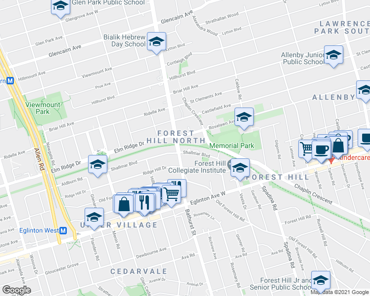 map of restaurants, bars, coffee shops, grocery stores, and more near 22 Shallmar Boulevard in Toronto