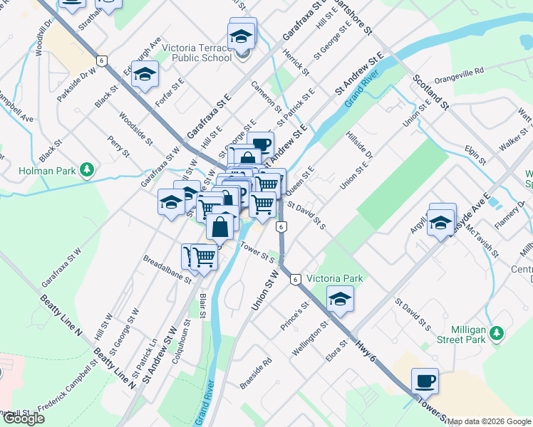 map of restaurants, bars, coffee shops, grocery stores, and more near 105 Queen Street West in Fergus