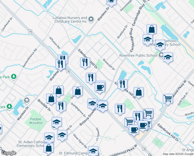 map of restaurants, bars, coffee shops, grocery stores, and more near 35 Allangrove Drive in Brampton