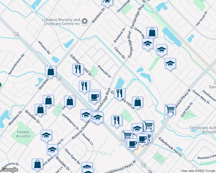 map of restaurants, bars, coffee shops, grocery stores, and more near in Brampton