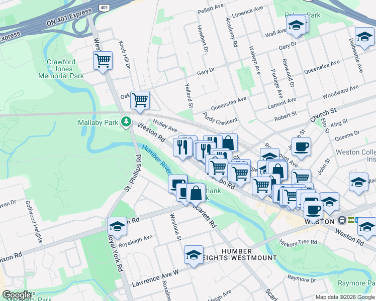 map of restaurants, bars, coffee shops, grocery stores, and more near 2255 Weston Road in Toronto