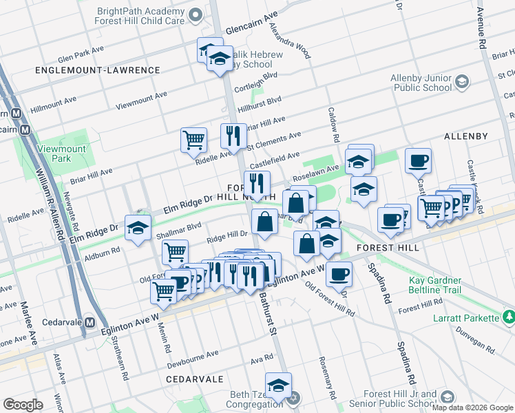 map of restaurants, bars, coffee shops, grocery stores, and more near 22 Shallmar Boulevard in Toronto