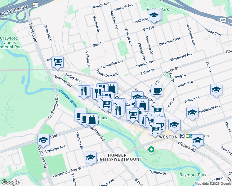 map of restaurants, bars, coffee shops, grocery stores, and more near in Toronto