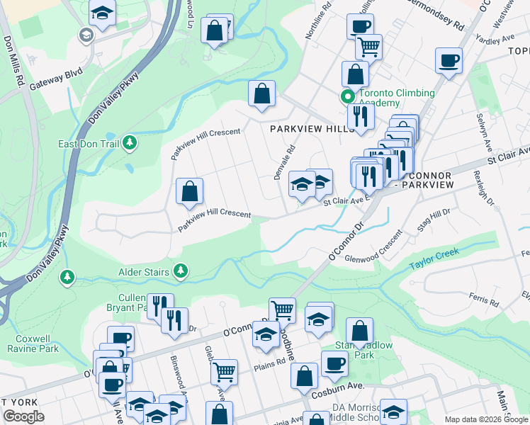 map of restaurants, bars, coffee shops, grocery stores, and more near 2540 Saint Clair Avenue East in Toronto