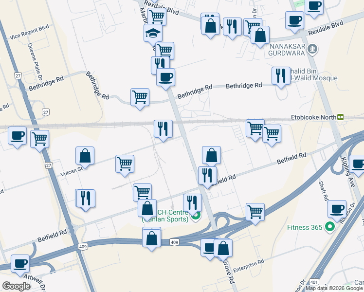 map of restaurants, bars, coffee shops, grocery stores, and more near 1182 Martin Grove Road in Toronto
