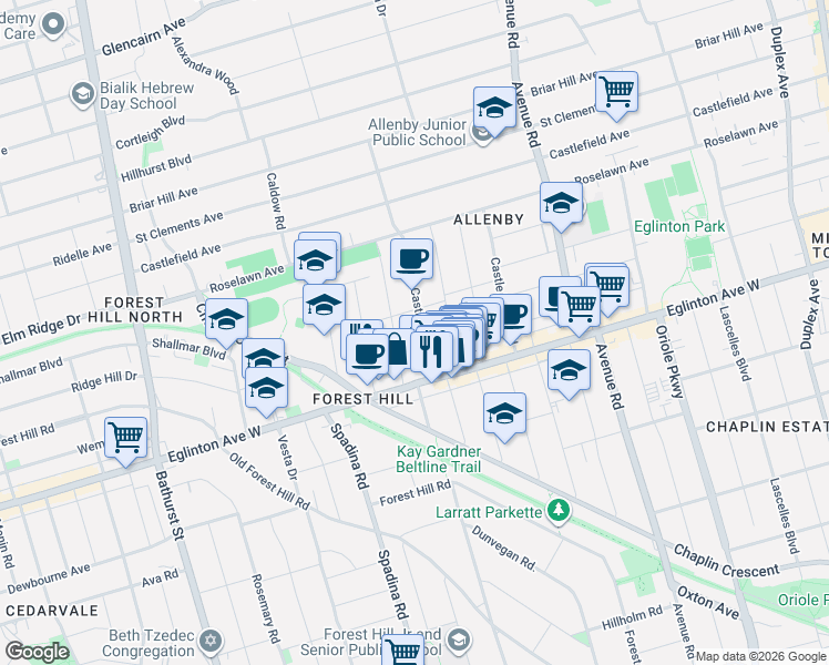 map of restaurants, bars, coffee shops, grocery stores, and more near 58 Castlewood Road in Toronto