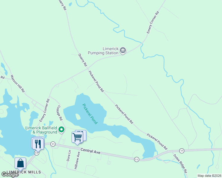 map of restaurants, bars, coffee shops, grocery stores, and more near 126 Pickerel Pond Road in Limerick
