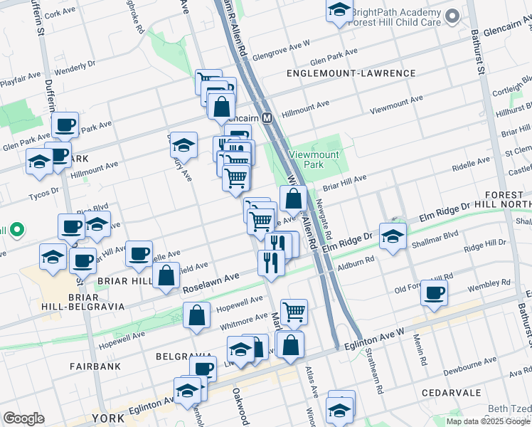 map of restaurants, bars, coffee shops, grocery stores, and more near in Toronto