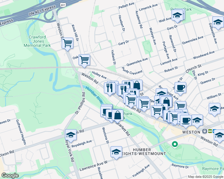 map of restaurants, bars, coffee shops, grocery stores, and more near 2255 Weston Road in Toronto