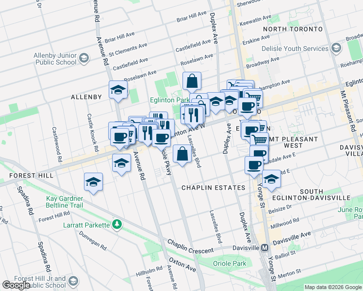 map of restaurants, bars, coffee shops, grocery stores, and more near 149 Eastbourne Avenue in Toronto