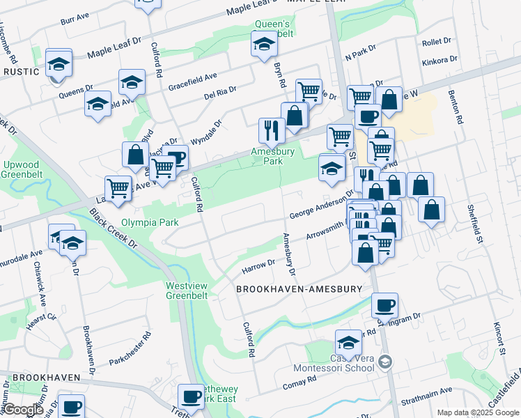 map of restaurants, bars, coffee shops, grocery stores, and more near 19 Garside Crescent in Toronto