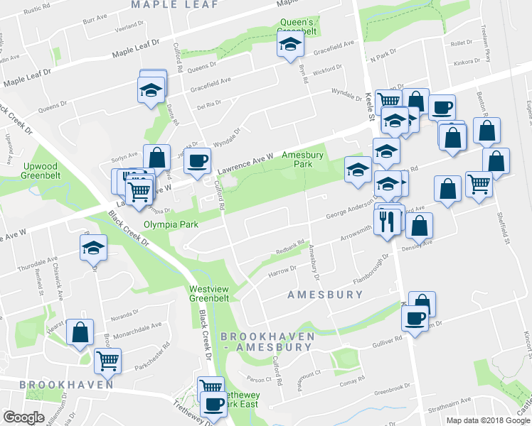 map of restaurants, bars, coffee shops, grocery stores, and more near 30 Garside Crescent in Toronto