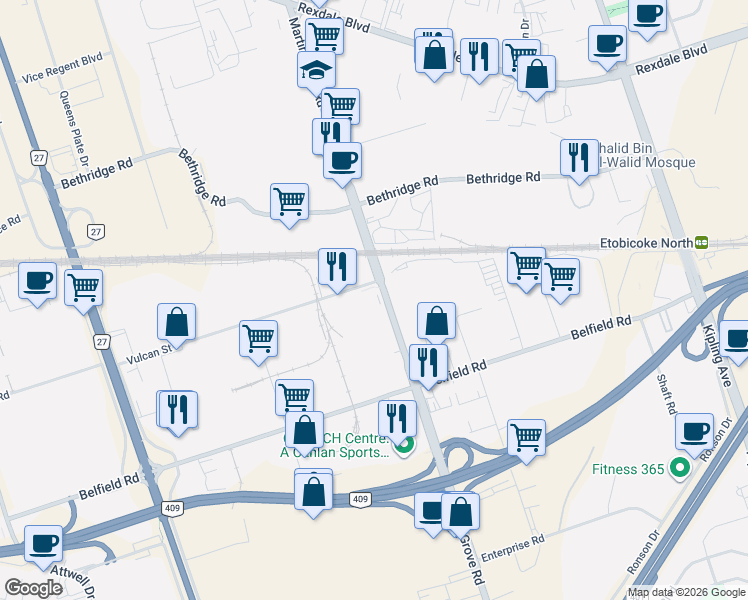 map of restaurants, bars, coffee shops, grocery stores, and more near 1182 A Martin Grove Road in Toronto