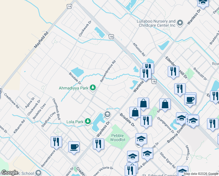 map of restaurants, bars, coffee shops, grocery stores, and more near 11 Malpass Street in Brampton