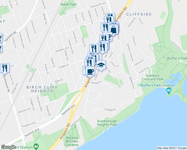 map of restaurants, bars, coffee shops, grocery stores, and more near 22 East Haven Drive in Toronto