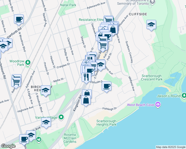 map of restaurants, bars, coffee shops, grocery stores, and more near 22 East Haven Drive in Toronto