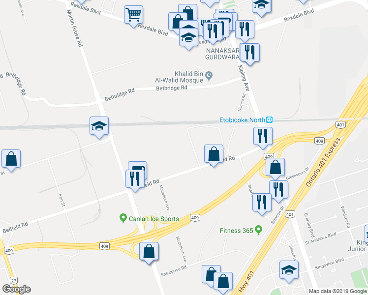 map of restaurants, bars, coffee shops, grocery stores, and more near 70 Belfield Road in Toronto