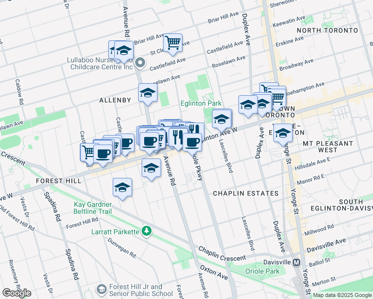 map of restaurants, bars, coffee shops, grocery stores, and more near 243 Eglinton Avenue West in Toronto