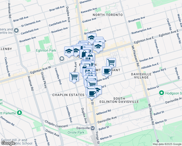 map of restaurants, bars, coffee shops, grocery stores, and more near 2160 Yonge Street in Toronto