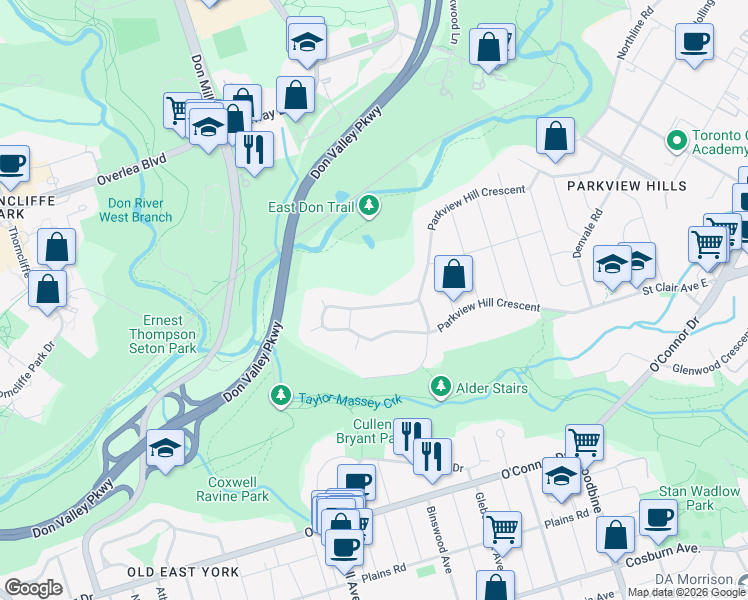 map of restaurants, bars, coffee shops, grocery stores, and more near in Toronto