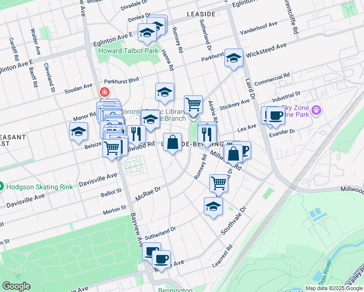map of restaurants, bars, coffee shops, grocery stores, and more near in Toronto