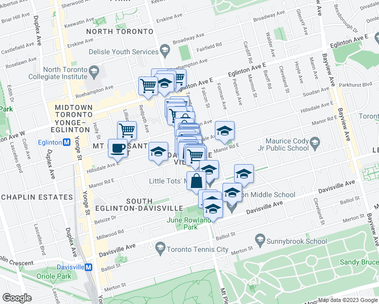 map of restaurants, bars, coffee shops, grocery stores, and more near 633 Mount Pleasant Road in Toronto