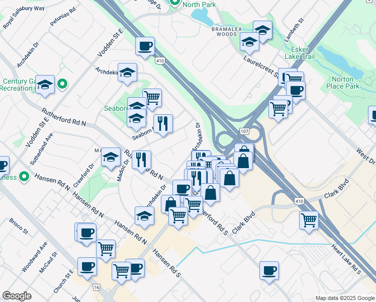map of restaurants, bars, coffee shops, grocery stores, and more near 118 Archdekin Drive in Brampton