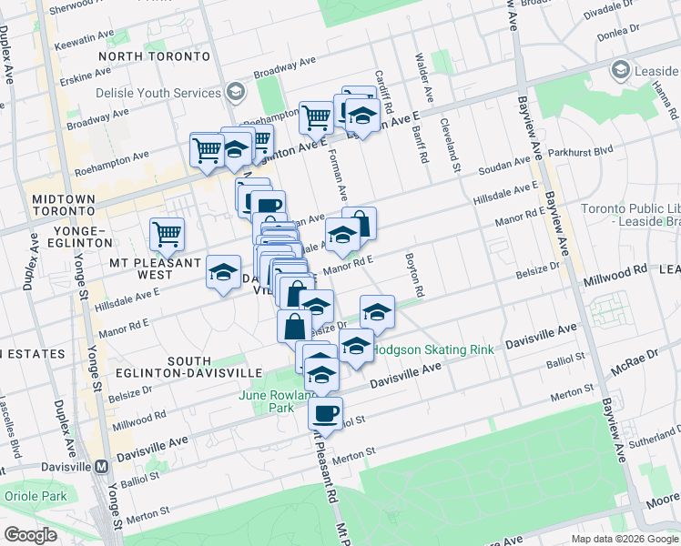 map of restaurants, bars, coffee shops, grocery stores, and more near 271 Manor Road East in Toronto