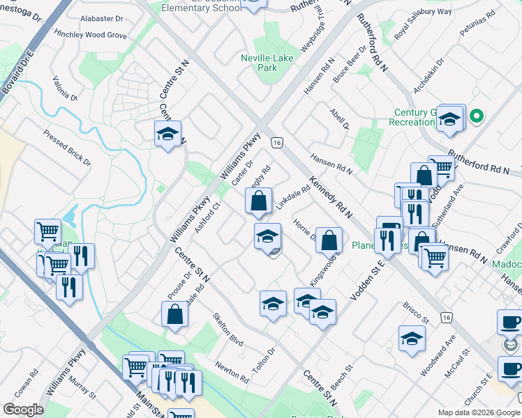 map of restaurants, bars, coffee shops, grocery stores, and more near 105 Skegby Road in Brampton