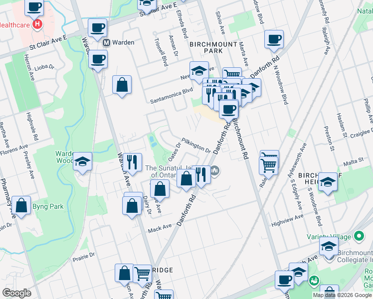 map of restaurants, bars, coffee shops, grocery stores, and more near 91 Wilkes Crescent in Toronto
