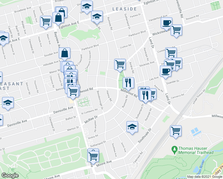map of restaurants, bars, coffee shops, grocery stores, and more near 821 Millwood Road in Toronto