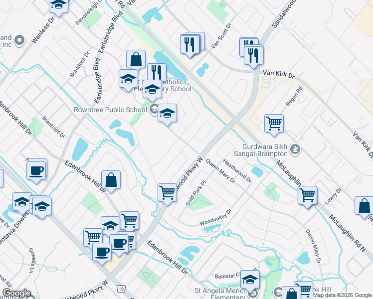 map of restaurants, bars, coffee shops, grocery stores, and more near 3 Deforest Drive in Brampton