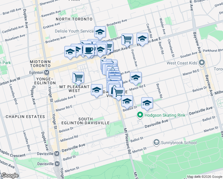 map of restaurants, bars, coffee shops, grocery stores, and more near 639 Mount Pleasant Road in Toronto