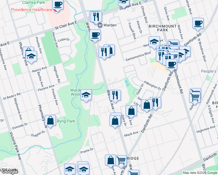 map of restaurants, bars, coffee shops, grocery stores, and more near in Toronto