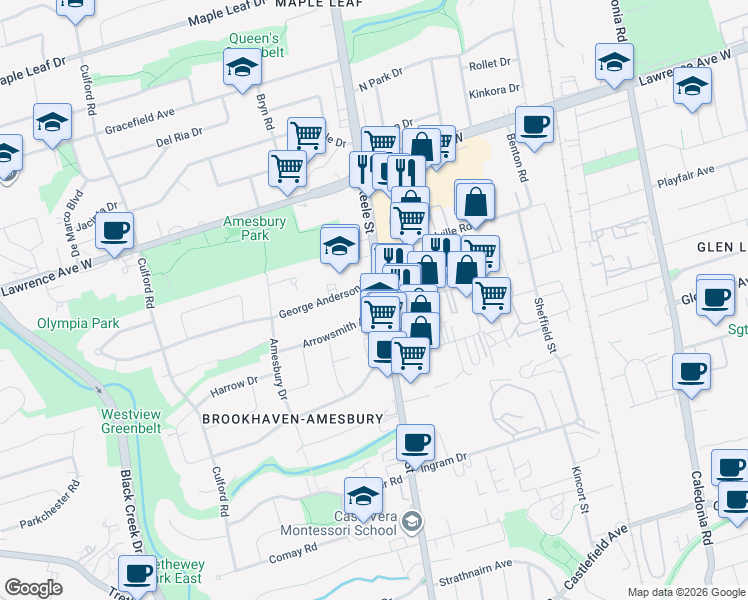 map of restaurants, bars, coffee shops, grocery stores, and more near 2340 Keele Street in Toronto