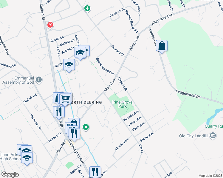 map of restaurants, bars, coffee shops, grocery stores, and more near Pine Grove Trail in Portland