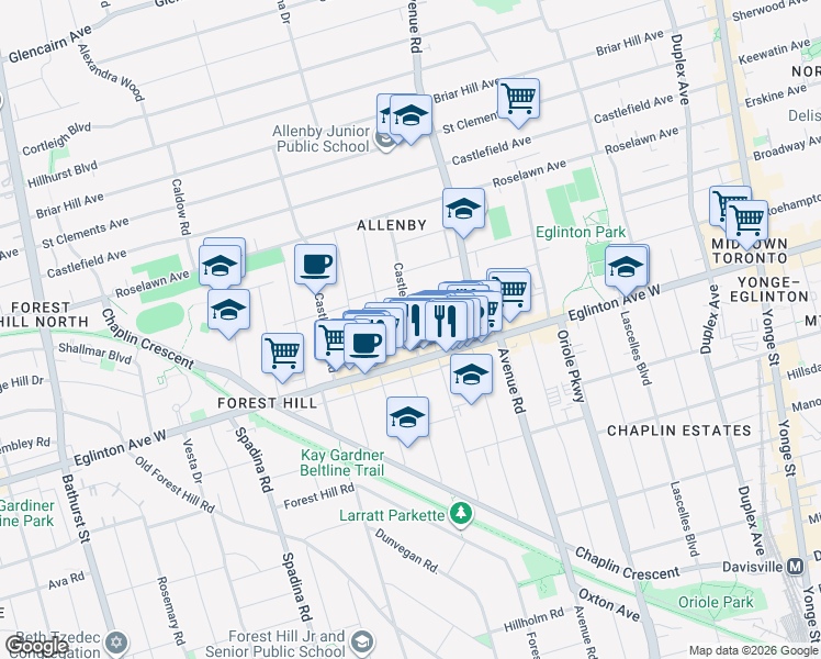map of restaurants, bars, coffee shops, grocery stores, and more near 42-28 Castle Knock Road in Toronto