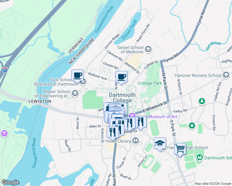 map of restaurants, bars, coffee shops, grocery stores, and more near 520 North Main Street in Hanover