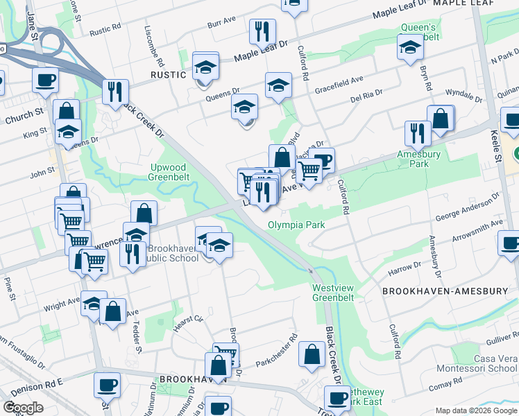 map of restaurants, bars, coffee shops, grocery stores, and more near 1635 Lawrence Avenue West in Toronto