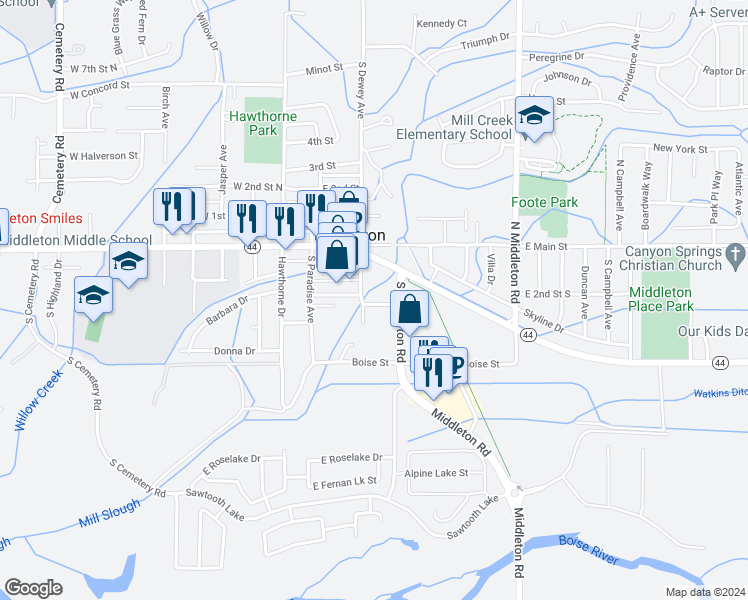 map of restaurants, bars, coffee shops, grocery stores, and more near 320 East Main Street in Middleton